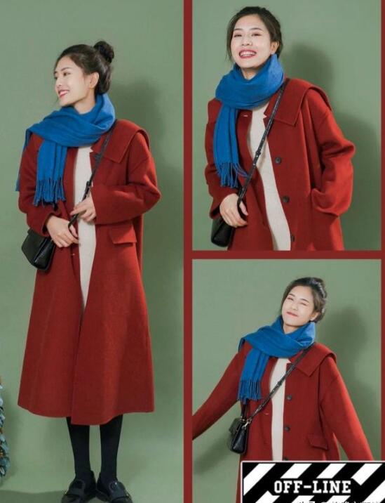 蓝色围巾 红色大衣