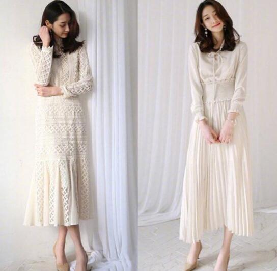 米白色的渔网纹气质型连衣裙